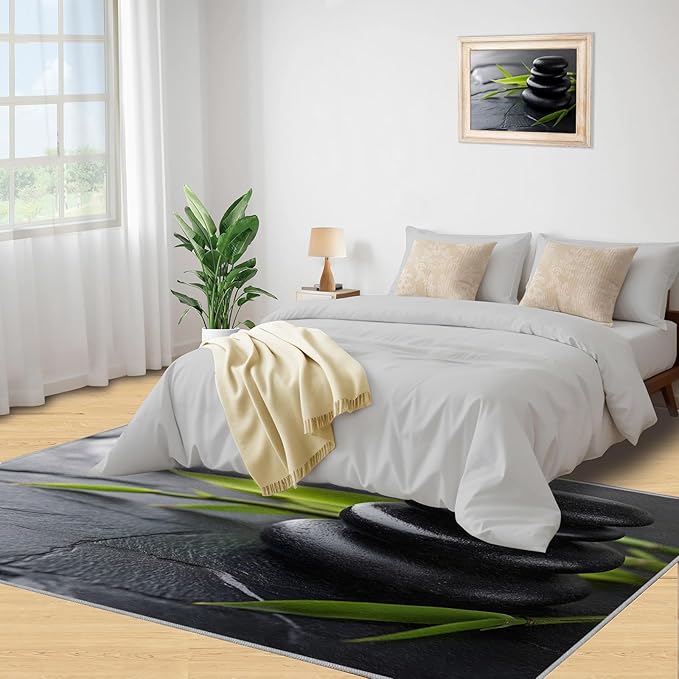 Zen Buddhism Rugs for Bedroom - 4x6 Area Rug - Black Zen Dianthus Leaf Rugs for Living Room, Meditation Yoga Rug, Washable Home Decor Carpet