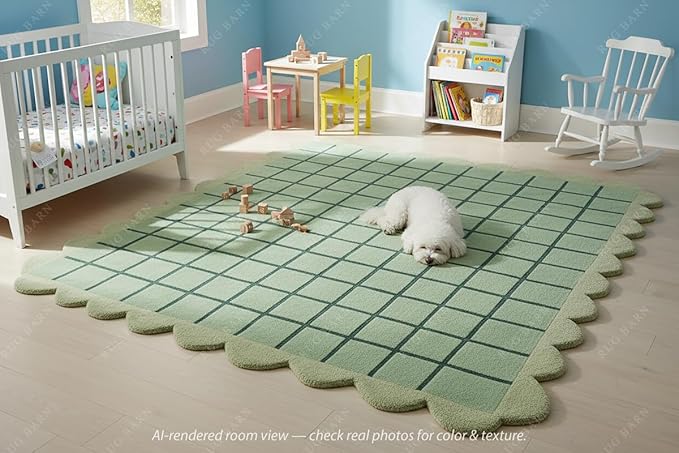 Mint Green Scalloped Edge Wool Area Rug with Checker Grid Design, Hand-Tufted Soft Carpet for Living Room, Bedroom, Nursery, Kids & Playroom Décor - 1x1 Ft (Sample)
