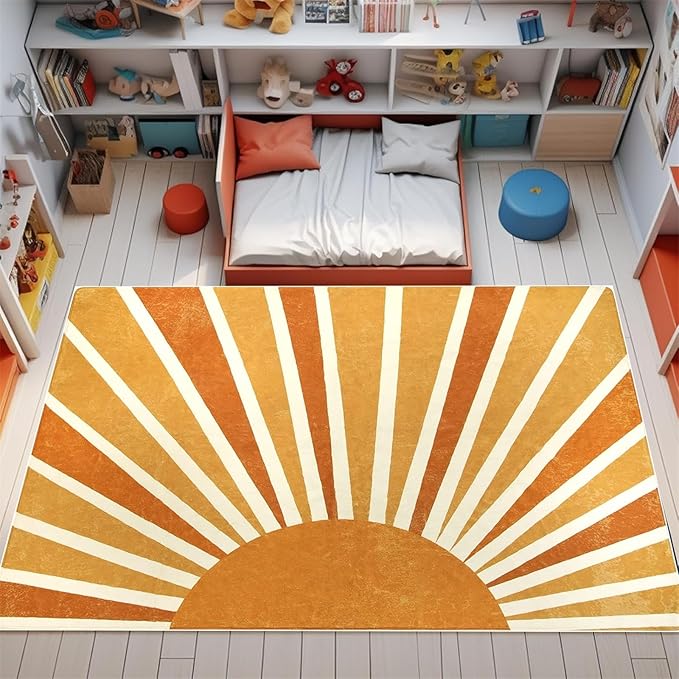 Rainbow Sun Area Rug,4x6ft,Boho Kids Room Area Rug, Living Room Decorative Rainbow Rug for Kids Girls Boys Bedroom, Living Room, Classroom, Office Non-Slip Washable