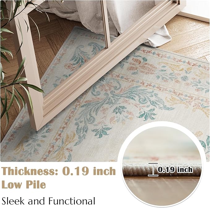 jinchan Vintage Floral 3x5 Area Rugs for Entryway - Machine Washable Distressed Design Ultra-Thin Low-Pile Soft Non-Shedding Carpet for Kitchen Bedroom Laundry Living Room (3x5ft, Apricot Multi)