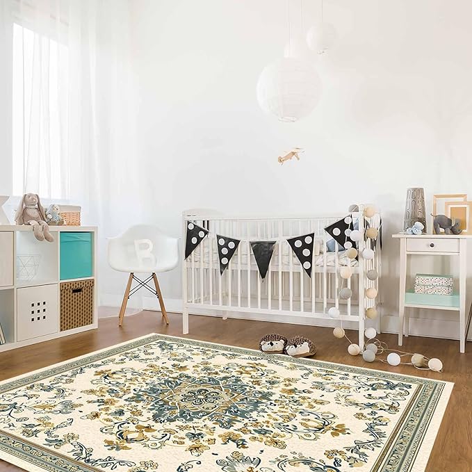 Bohemian Rectangular Area Rugs for Living Room Bedroom 3 x 5 ft Vintage Farmhouse Floral Pattern Non-Shedding Soft Low Pile Rug Non Slip Washable Rug for Nursery Entryway Playroom