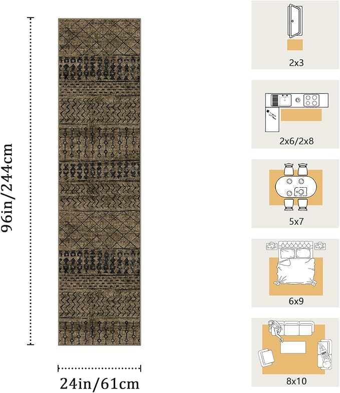 2x8 Machine Washable Runner Rug, Kitchen Hallway Area Rug, Brown Black Vintage Moroccan Rug Ultra Non-Slip Low Pile Soft Faux Wool Carpet, Kids and Pets Friendly for Bedroom Entryway Bedside Decor Rug