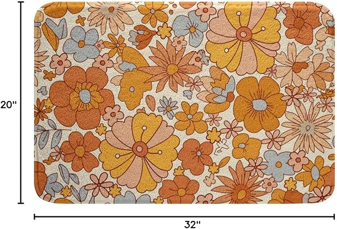 Erosebridal Hippie Flower Bath Rugs Groovy Birthday Decorations Bathroom Mats Cute Rainbow Floral Bath Carpets 20x32 for Girls Women Bedroom Decor Retro 70s Theme Floor Mats