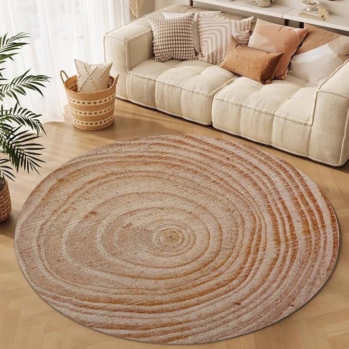 Tree Stump Growth Rings Washable Round Rugs Wood Color Texture Circle Rugs for Living Room Entryway Round Area Rug Soft Non Slip Nursery Carpet for Bedroom Dining Coffee Table 5ft