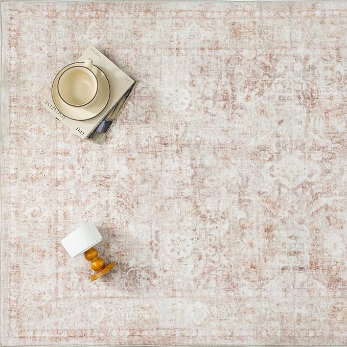 4x6 Beige Washable Area Rug for Living Room Bedroom Neutral Soft Non Slip Rug Low Pile Vintage Distressed Carpet for Dining Room Nursery Office Indoor
