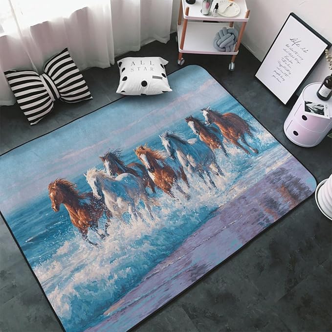 Horse Run Gallop in Waves Ocean Area Rug Washable Outdoor Rugs Anti-Slip Soft Carpet Entryway Indoor Door Mat for Bedroom,Living Room,Porch,Terrace and Entrance Decor 3'x 2'