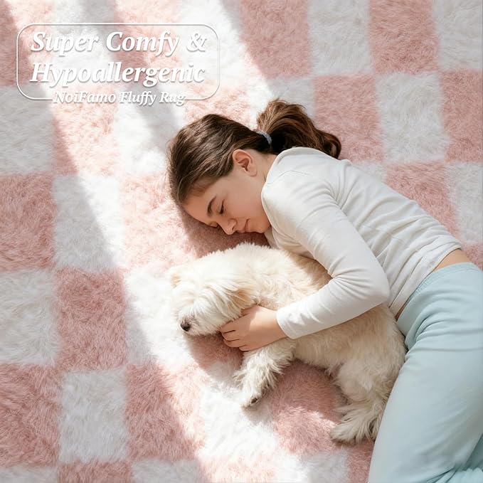 8x10 Area Rugs for Living Room Bedroom, Soft Fluffy Shaggy Bedside Rug, Indoor Floor Carpet for Kids Playroom, Dorms, Nursery Rooms, Home Decor (Pink & White 8'x10')