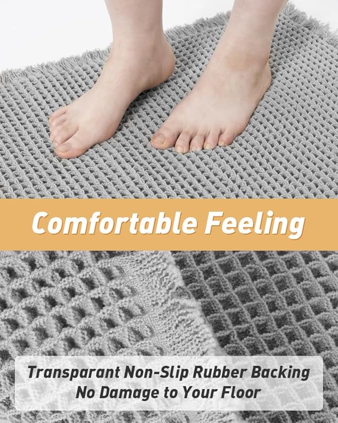 Upgraded Waffle Runner Rug Super Absorbent Non Slip Bath Mats for Bathroom Machine Washable Bathroom Runner Rug with Tassels, Ideal for Hallway Bedroom Laundry Room, Light Grey, 2' x 6'(24" x 72")