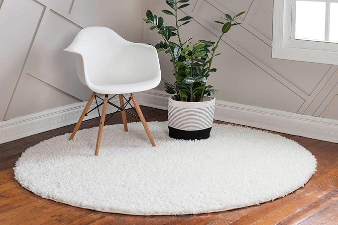 Unique Loom Davos Shag Collection Area Rug - Solid (7' 10" Round, White/ Ivory)