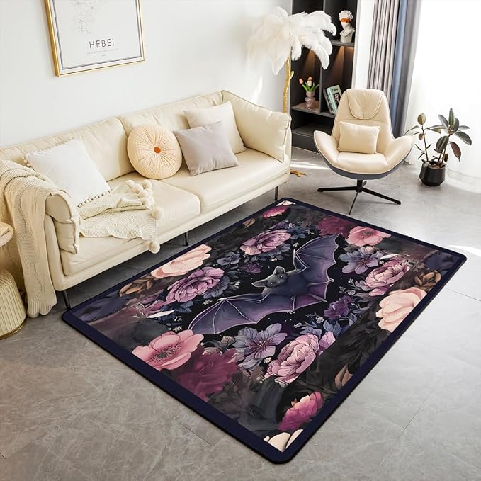 Black Floral Bat 3x5 Area Rug Halloween Bats Rugs for Living Room | Boho Flowers Washable Rug, Romantic Plant Gothic Carpet Indoor Floor Mat