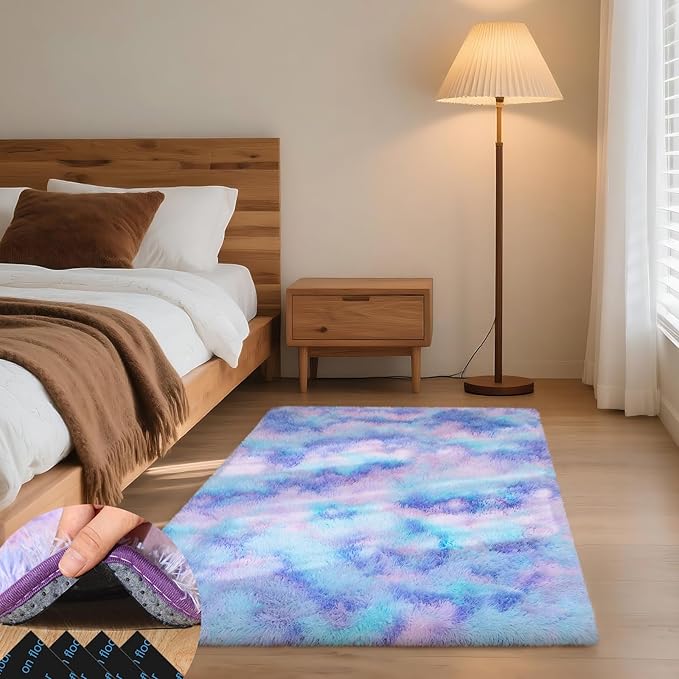 3x5 Rugs for Bedroom, Fluffy Small Area Rugs for Living Room, Soft Shag Fuzzy Carpet with 4 Non-Slip Stickers for Kids Boys and Girls Nursery Dorm Room Home Decor (Rainbow, 3ft x 5ft)
