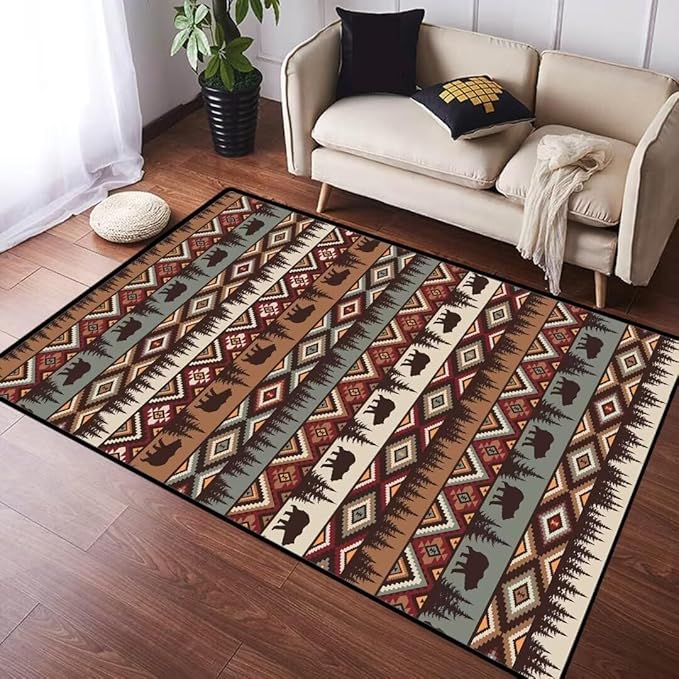 Rustic Cabin Wildlife Area Rug 5x7 Living Room Rug,Bear Moose Deer Country,Vintage Throw Rugs Carpet for Dining Room Washable Bedroom Rug Non Slip Floor Carpets for Office,Kids Playroom