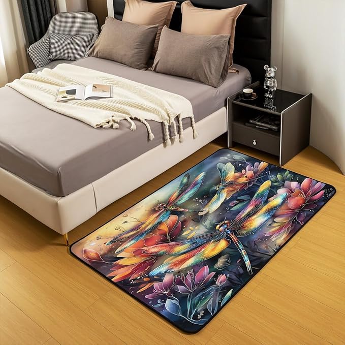 Dragonfly 3x5 Area Rug Colorful Flowers Rugs for Living Room | Watercolor Beetles Washable Rug, Dreamy Rustic Aesthetic Animal Carpet Indoor Floor Mat