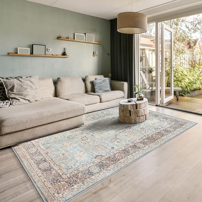 GLN Rugs Traditional Collection - Machine Washable Area Rug, Traditional Washable, Non Slip, Low Pile Chenille Rug, Living Room, Bedroom, Kitchen Rug (5' x 7' Light Blue)
