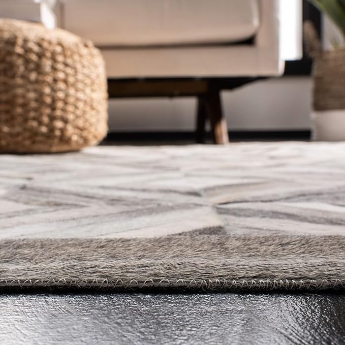 Premium Diamond Pattern Leather Area Rug, Geometric Cowhide Patchwork Carpet - 8X10 ft, Luxury Beige and Grey Non-Slip Floor Accent for Dining Room, Living Room, Hallway