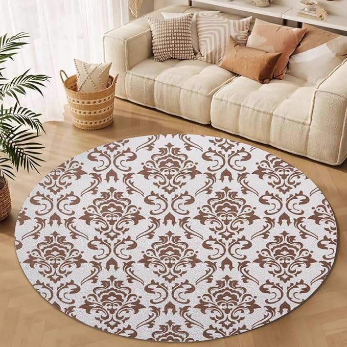 Oriental Tribal Floral Round Rug Vintage Brown Pattern Area Rug Washable Soft Non-Slip Floor Carpet Low Pile Accent Rugs for Entryway Living Room Dining Room Bedroom Home Office 7ft