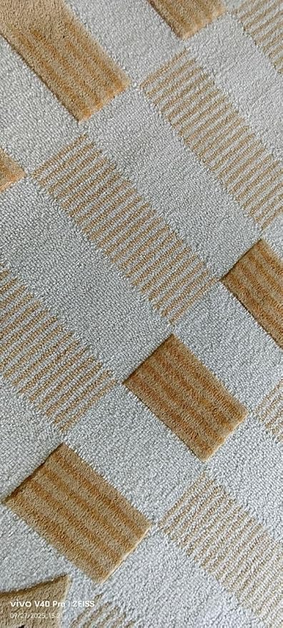 Handmade Scalloped Wool Area Rug - Modern Geometric Pattern, Green-Beige Stripes, Checkered Chevron Design - Soft, Durable Thick Carpet for Living Room, Bedroom (Neutral Beige, 4' x 6')