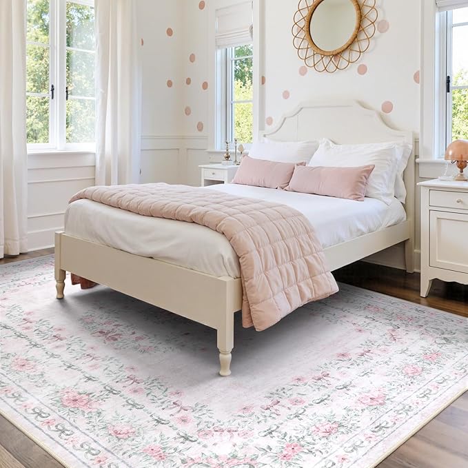 Wonnitar Floral Bow Pink Rug for Bedroom, Washable 5x7 Area Rug for Girls Nursery, Ultra-Thin Non Slip Soft Boho Carpet for Kids Room Dorm Living Room, Light Pink