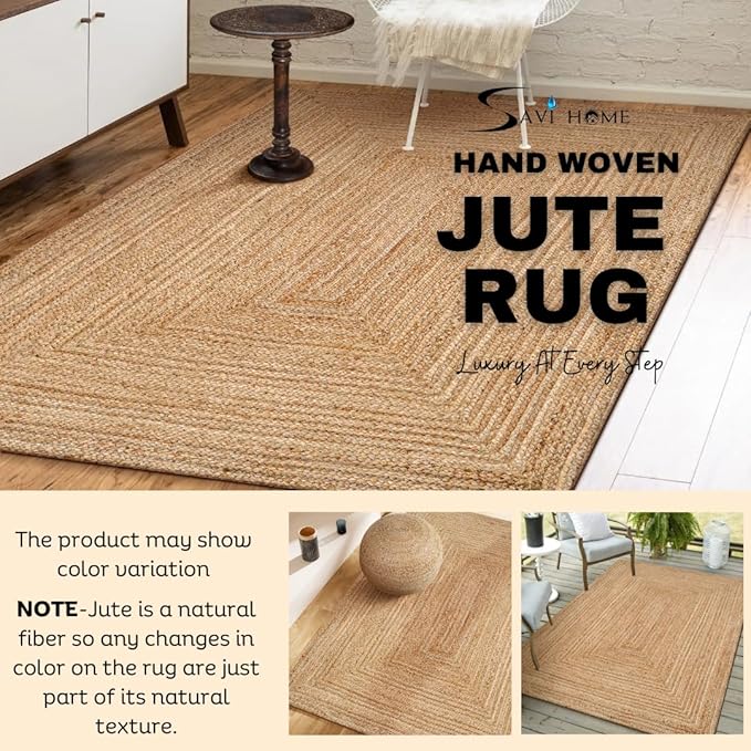 Hand Woven Farmhouse Jute Area Rug 5x8 Ft Rectuangler Natural Yarn, Rustic Vintage Beige Braided Reversible Rug, Eco Friendly Rugs for Bedroom, Kitchen, Living Room, Farmhouse 100% Jute Rug - Natural