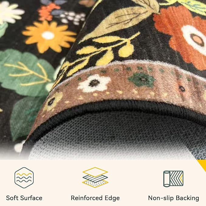 Floral 2x3 Area Rug Machine Washable Soft Print Boho Carpet Non Slip Doormat Low Pile Flower Area Rugs for Living Room Bedroom Nursery Kitchen Dining Room Indoor-Black/Yellow/Red