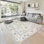 GLN Rugs Traditional Collection - Machine Washable Area Rug, Traditional Washable, Non Slip, Low Pile Chenille Rug, Living Room, Bedroom, Kitchen Rug (9' x 12' Cream/Gray)