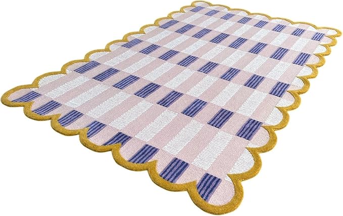 Hand-Tufted Wool Rug with Scalloped Edges, Light Blue Plaid Pattern, Cozy Soft Area Rug for Living Room, Bedroom, and Nursery, Handmade Modern Accent Rug (Pink, 9X13 FEET)