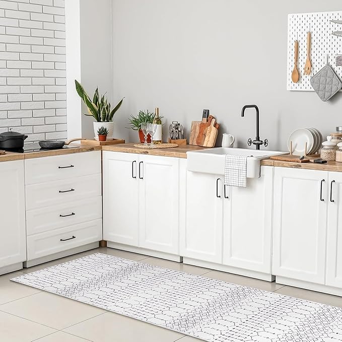 Lahome Moroccan Small Runner Rug 2x5 Rug Runner Non-Slip Washable Rug Runner Throw Lightweight Hallway Rugs Indoor Laundry Room, Geometric Print Carpet Runners for Bedroom Kitchen (White, 2'x5')