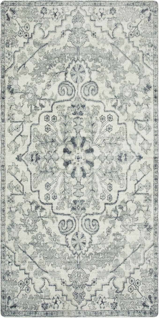 Lahome Bohemian Floral Medallion Runner Rug - 2x4 Beige Non Skid Laundry Room Rug Runner Hallway Runners, Distressed Soft Machine Washable Indoor Accent Carpet Runners for Bedside Entryway
