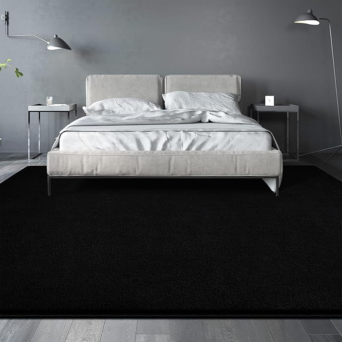 Large Area Rugs for Living Room Bedroom, 5x8 Feet Black Rug, Minimalist Modern Shag Rug, Soft Thick Comfy Memory Foam Indoor Carpet, Non-Slip Washable Rug for Boys Girls Dorm Nursery Room Home Decor