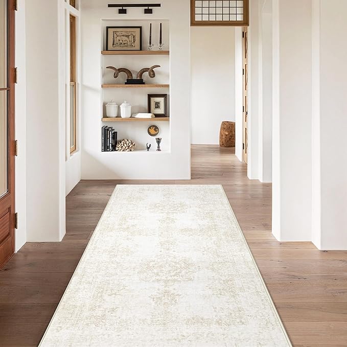 Runner Rug 2x6 Entryway Rug - Machine Washable Vintage Boho Area Rug Non-Slip Kitchen Runner Soft Stain Resistant Runners for Hallways Entryway Laundry Kitchen Bathroom Bedroom(Ivory, 2'x6')