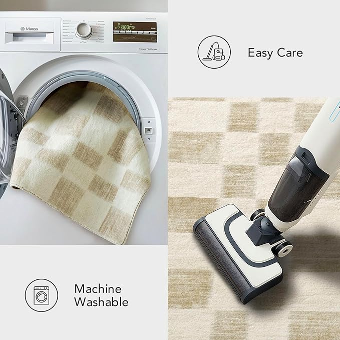 EVERGRACE Checkered Plaid Area Rug 2x3, Soft Fuzzy Faux Wool Rugs Washable Anti Slip Rugs Small Rug Carpet for Entryway Bedroom Living Room Hallway Kitchen Dining Room and Laundry Room, Beige