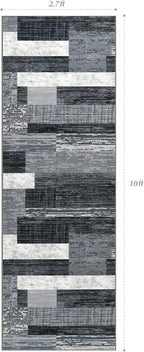 Indoor Runner Rug, Washable Runner Rug with Rubber Backing, Modern Geometric Patchwork Aesthetic Carpet for Bedroom, Living Room, Hallway, Entryway, Washable Rugs Rockwood Collection, 2.7x10 Ft Grey