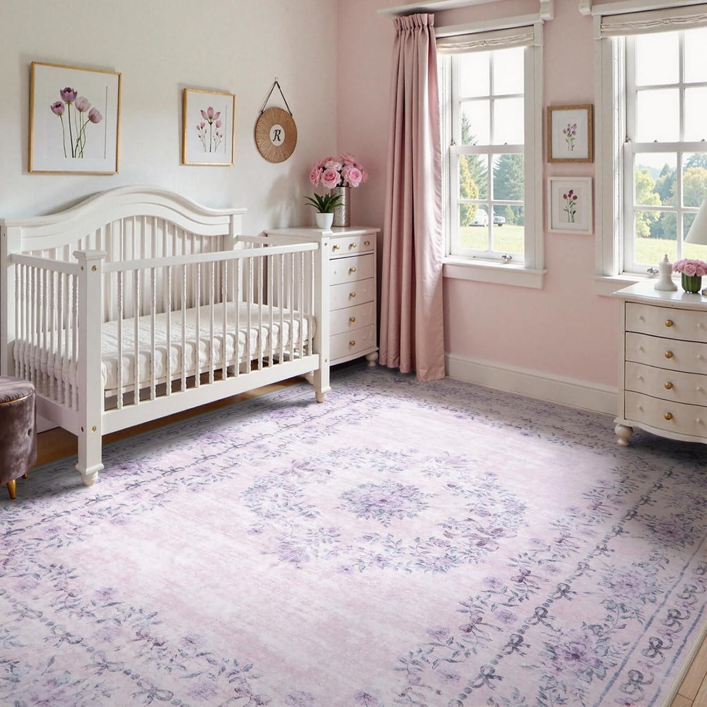 Wonnitar Floral Print 8x10 Washable Rug, Purple Bow Room Decor for Girls Bedroom, Ultra-Thin Non Slip Soft 8 x 10 Large Boho Carpet for Living Room Baby Nursery Kids Playroom