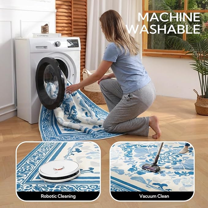 SOULFUL Medium Pile 4x6 Rugs for Living Room - Soft Foot Feel Area Rug - Mist Blue Boho Floral - Washable Non-Slip - Perfect for Bedroom Kids Room Under Dining Table Office
