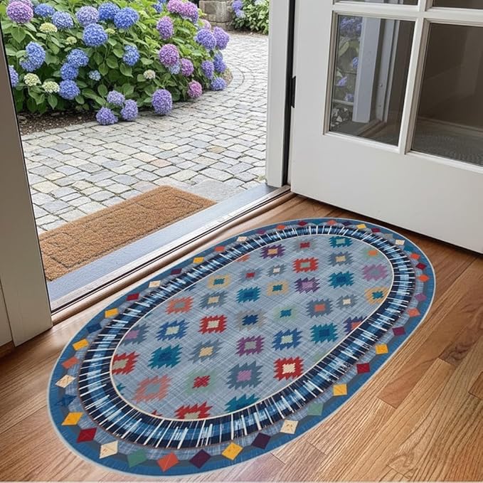 Funky Vintage Blue Red Orange Geometric Texture Indoor Area Rug for Living Room Bedroo Dining Room Faux Wool Soft Low Pile Oval Rugs 3x5 Entrance Nursery Farmhouse Rustic Country Home Office Carpet