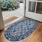 Funky Vintage Blue Red Orange Geometric Texture Indoor Area Rug for Living Room Bedroo Dining Room Faux Wool Soft Low Pile Oval Rugs 7x10 Entrance Nursery Farmhouse Rustic Country Home Office Carpet