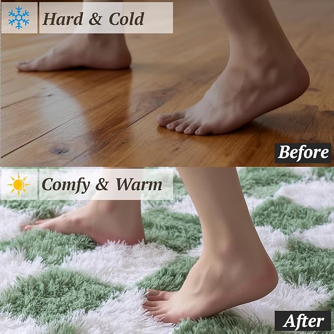 6x9 Area Rugs for Living Room Bedroom, Soft Fluffy Shaggy Bedside Rug, Indoor Floor Carpet for Kids Playroom, Dorms, Nursery Rooms, Home Decor (Green & White 6'x9')