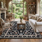 5x7 Washable Non-Slip Rug, Vintage Floral Area Rug for Living Room, Low Pile Farmhouse Distressed Carpet for Nursery Playroom Dorm Teens Office, Black