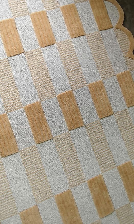 Handmade Scalloped Wool Area Rug - Modern Geometric Pattern, Green-Beige Stripes, Checkered Chevron Design - Soft, Durable Thick Carpet for Living Room, Bedroom (Neutral Beige, 9' x 12')