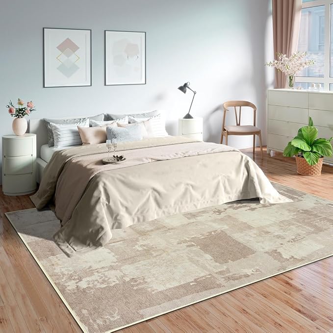 GLN Rugs Contemporary Collection - Machine Washable Area Rug, Contemporary Washable, Non Slip, Low Pile Chenille Rug, Living Room, Bedroom, Kitchen Rug (8' x 10' Abstract Tan)