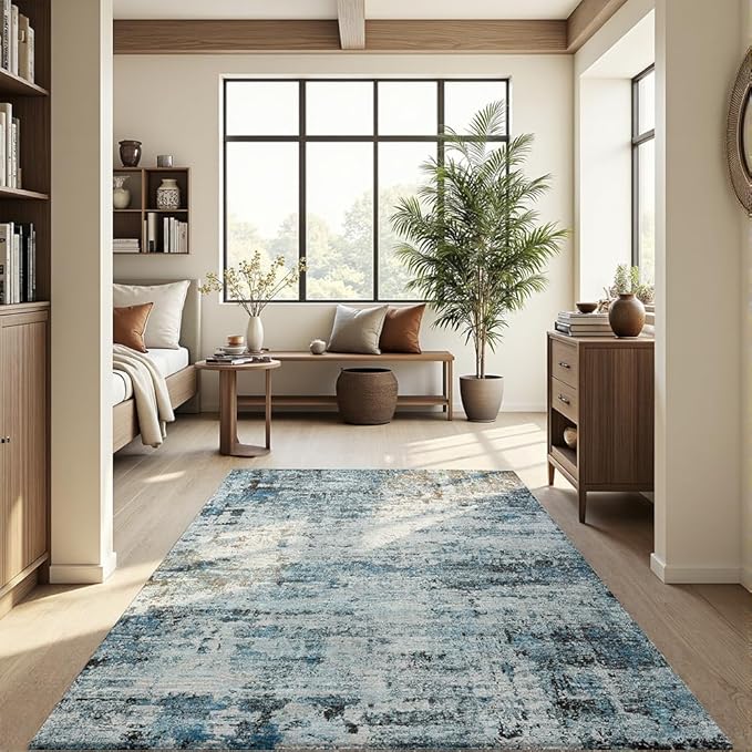 Area Rug 4x6 Washable Rug Blue for Living Room, Dining Room, Bedroom, Large Carpets, Non Slip & Non-Shedding Low Pile Vintage Print Rug for Home Office Decor