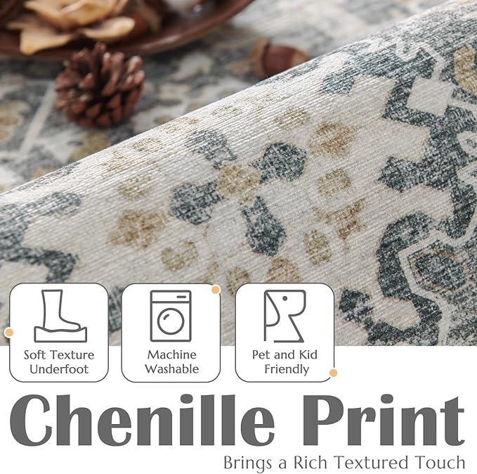 jinchan Area Rug 6x9 Washable Living Room Rug Vintage Distressed Gray Multi Floral Floor Cover Indoor Mat Retro Carpet Bedroom Kitchen Office Farmhouse Grey