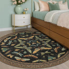 Washable Black 6ft Round Area Rugs for Bedroom Beside Bed - Dark Unique Insect Print Circle Rug for Living Room, Dining Room, Vintage Nature Insect Design, Low Pile & Soft