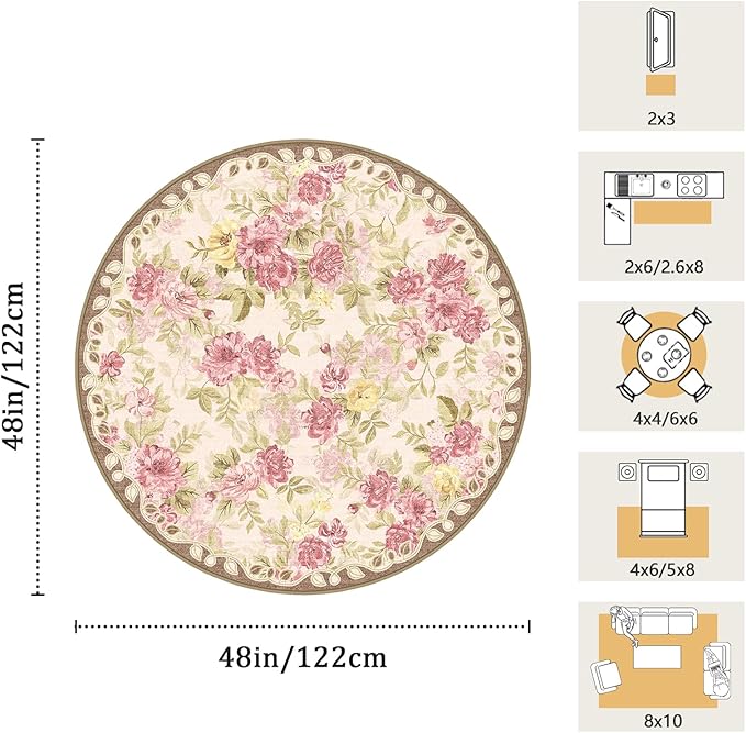 4ft Round Machine Washable Area Rug for Living Room, Pink Vintage Boho Floral Rug Large Non-Slip Low Pile Soft Faux Wool Carpet, Kids and Pets Friendly for Bedroom Nursery Farmhouse Home Decor Rug
