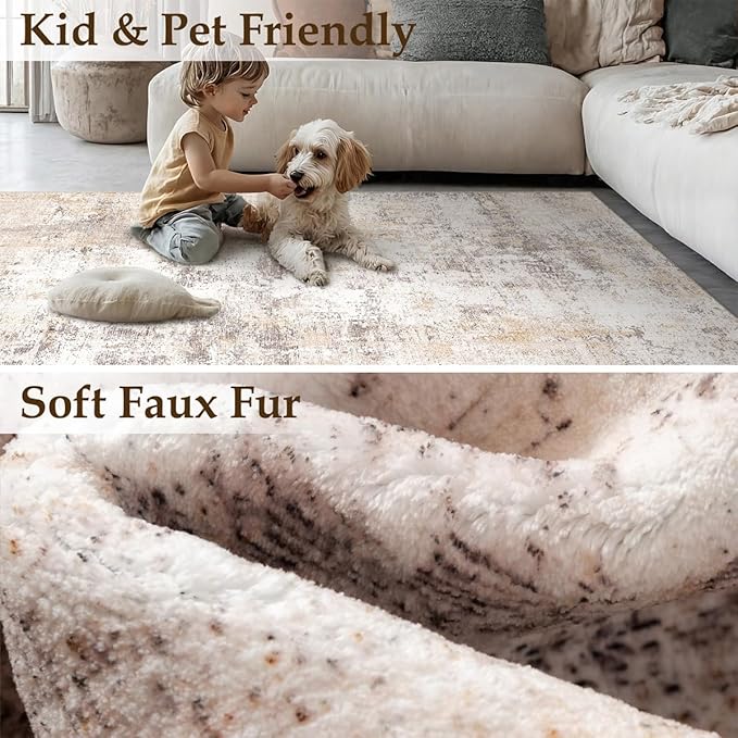 8x10 Washable Area Rug Beige Grey Abstract Living Room Bedroom Carpet Neutral Modern Non Slip Soft Medium Pile Indoor Large Throw Rug for Dining Room Office