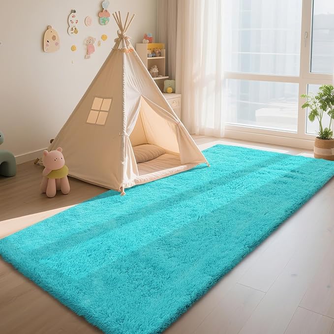 Teal Blue Rug Fluffy Rugs, 2x6 Teal Area Rugs for Bedroom, Soft Cute Baby Play Mat, Indoor Floor Carpet for Teen, Nursery, Preppy Dorm, Plush Aesthetic Bedside Rug