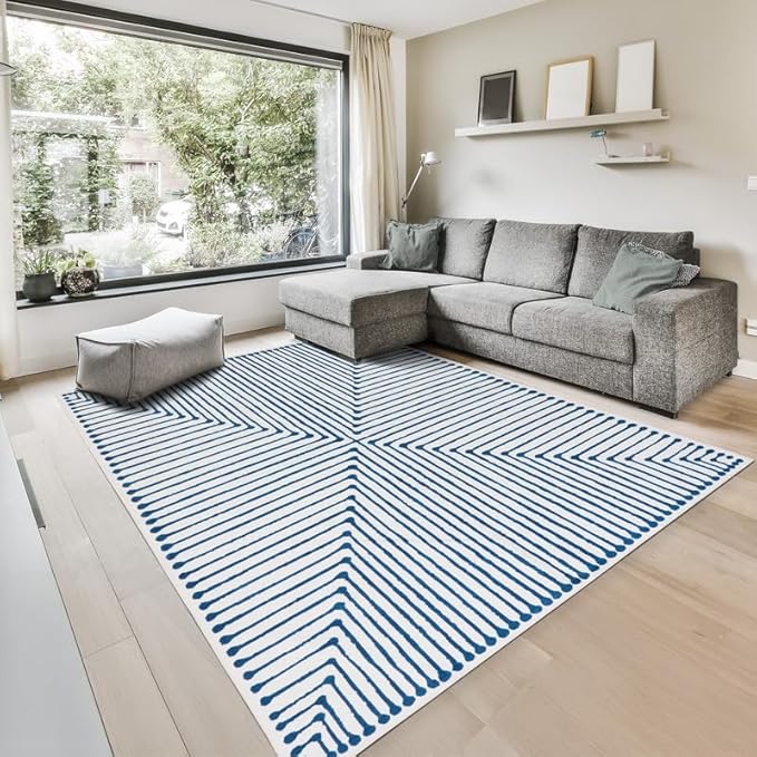 GLN Rugs Contemporary Collection - Machine Washable Area Rug, Contemporary Washable, Non Slip, Low Pile Chenille Rug, Living Room, Bedroom, Kitchen Rug (6' x 9' Blue Ivory)