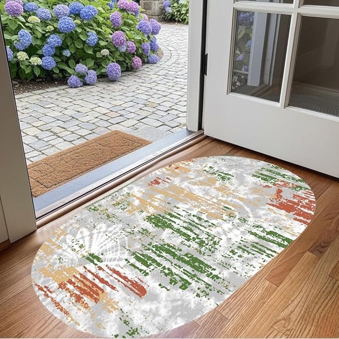 Distressed Abstract Art Aesthetic Deco Indoor Oval Rugs 8x10 for Living Room Bedroom Dining Room Soft Non Skid Easy Clean Big Carpet Nursery Dorm Farmhouse Rustic Grey Green Tie-Dye Texture Area Rug
