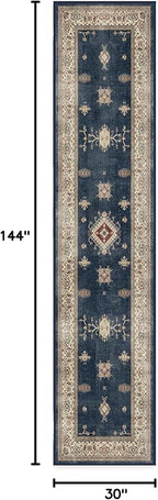 RUGGABLE Washable Vintage Runner Rug – Verena Sapphire 2.5x12, Stain-Resistant, Non-Slip Hallway Runner – Machine Washable Rug for Hallway, Entryway, Living Room & Kitchen–with Standard Pad