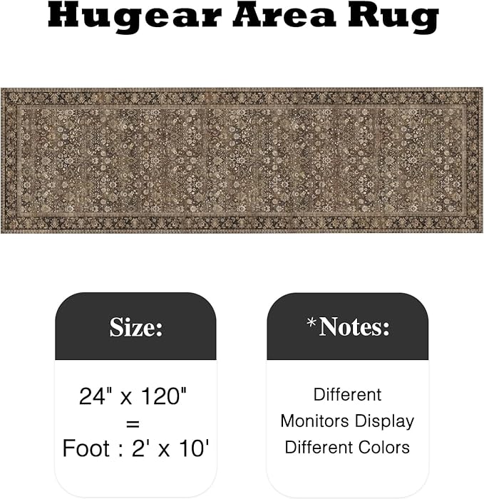 HUGEAR 2x10 Runner Rug Machine Washable Brown Hallway Area Rug Indoor Accent Rug Floral Low Pile Carpet Soft Throw Rug Bedroom Living Room Office Dining Room Kitchen Laundry Room Non Slip